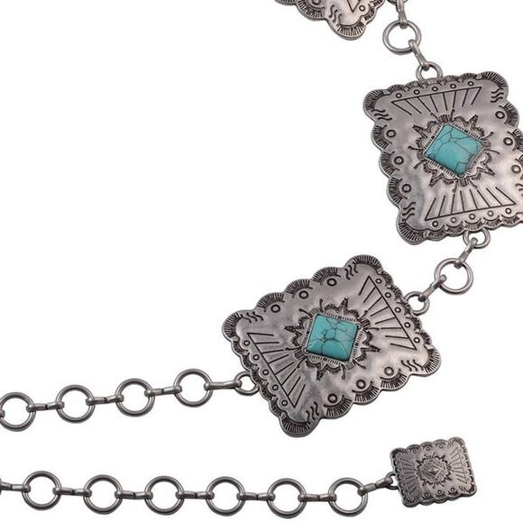 Western Southwestern Silver Turquoise Square Concho Chain Belt - Picture 2 of 2